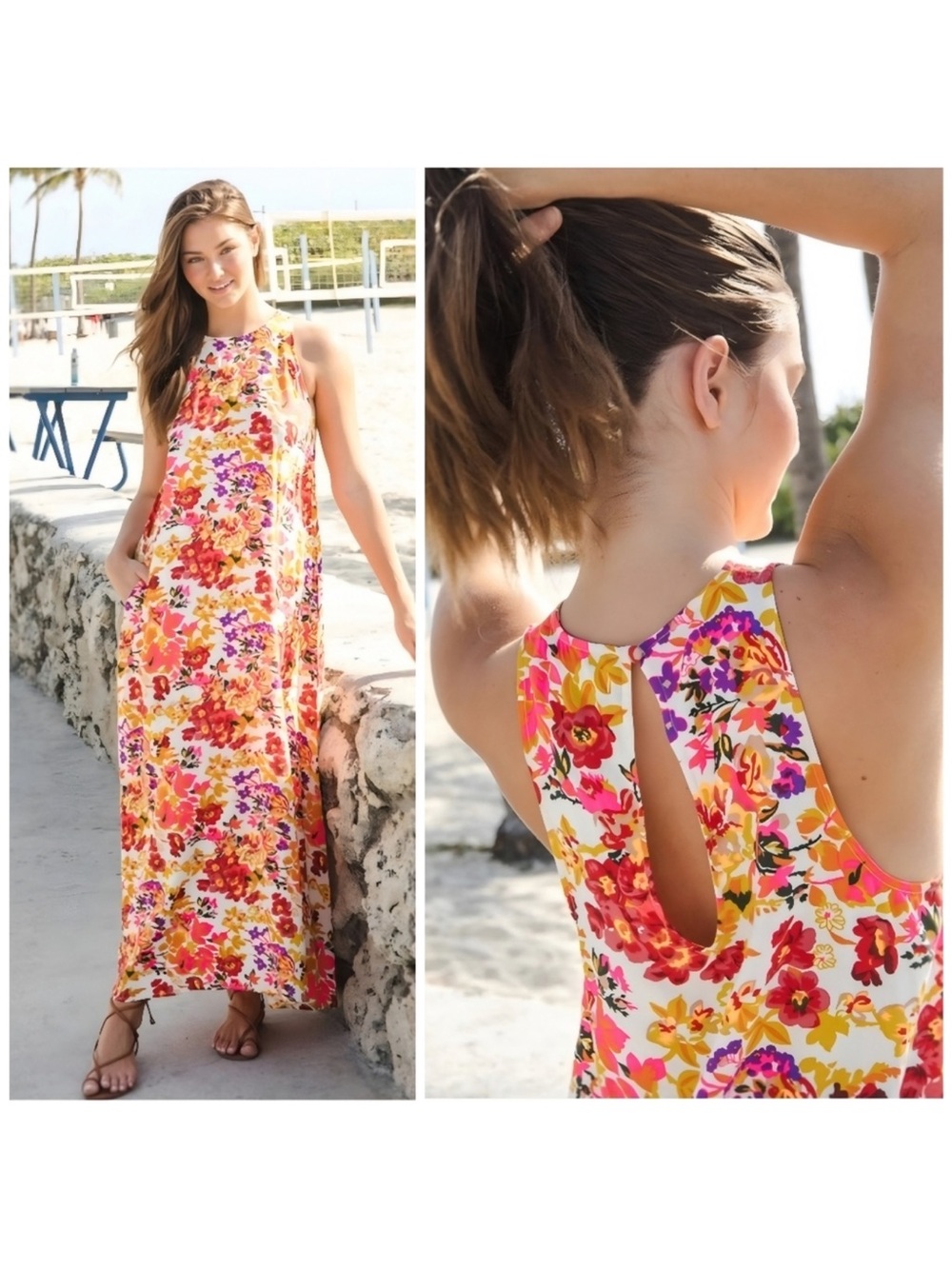 NATURAL LIFE Floral Halter Maxi Dress - Pink, Yellow & Orange